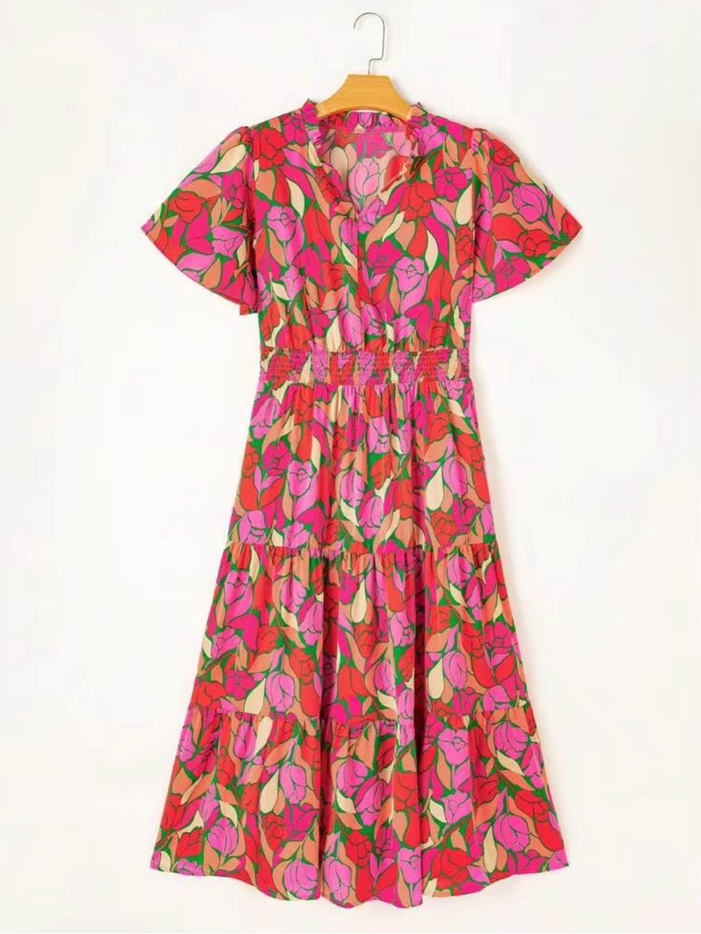 Acelitt Floral Smocked Midi Dress XL Pink Red Boho NWOT